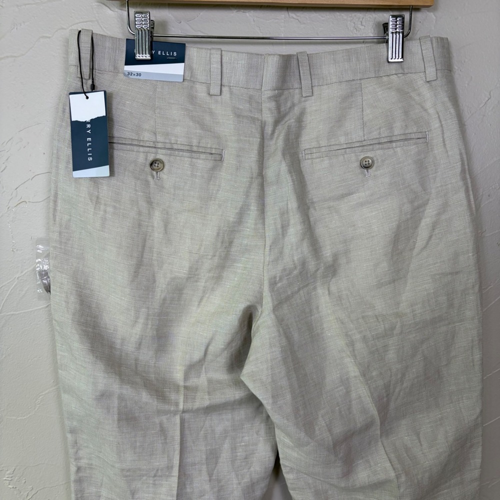 New Perry Ellis Portfolio Linen Pants Mens 32x30 Beige Flat Front Dress Trousers - Picture 4 of 12